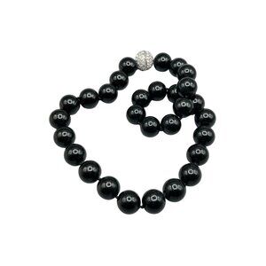 Vintage Black Beaded Glass Necklace Rhinestones Clasp Hand Knotted Fancy Jewelry